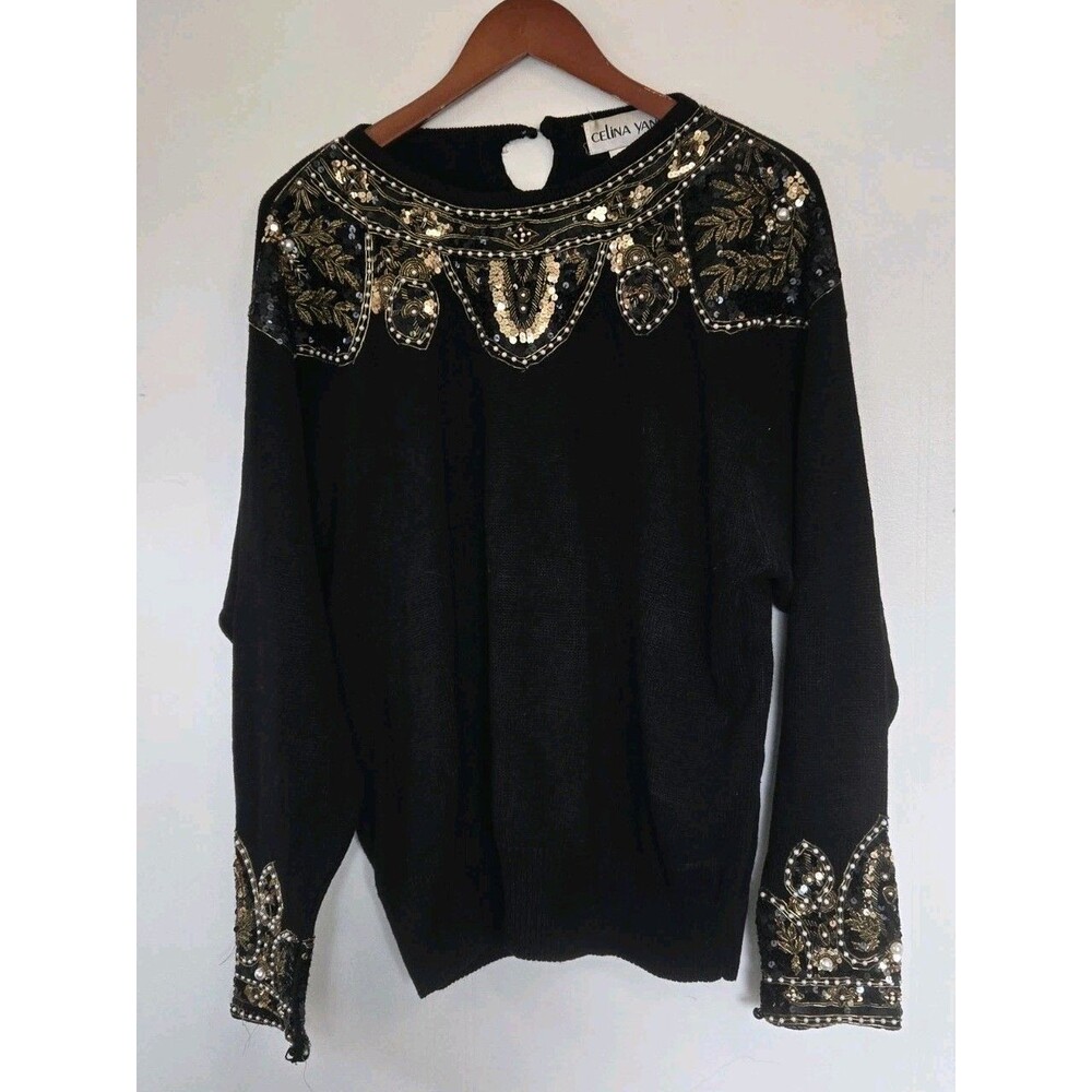 Celina‎ Yang Sweater Womens 40 Black Gold Sequin Metallic Glam Event Futuristic
